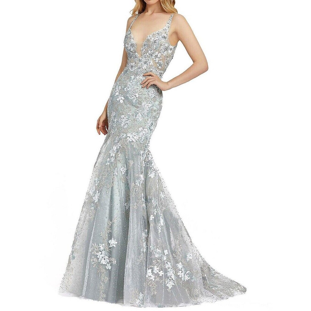 NWT Mac Duggal Floral Embroidered Gown Mermaid Embellished Size 8 Sea Mist 20206